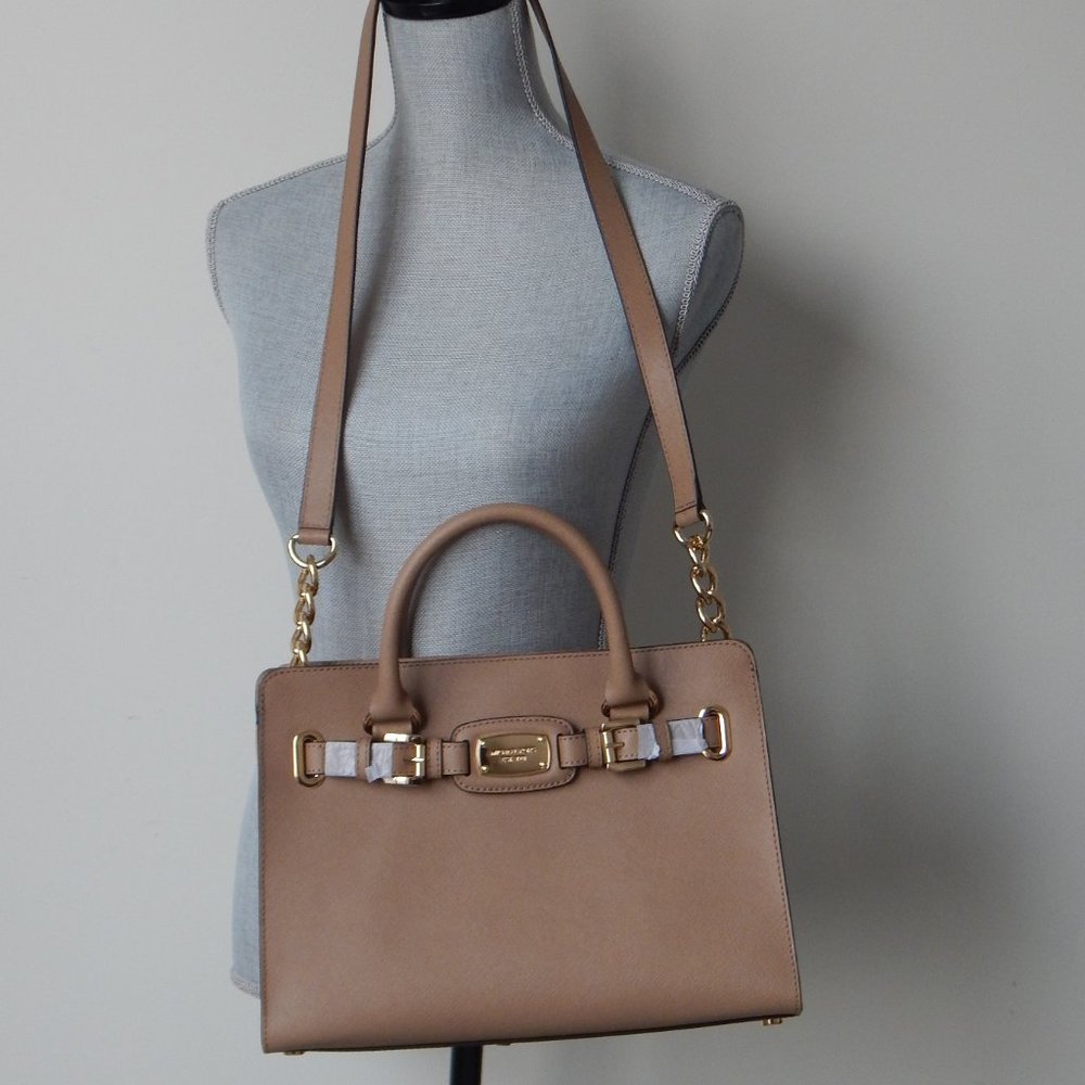 NWT MICHAEL KORS HAMILTON LEATHER EW KHAKI CHAIN SATCHEL CROSSBODY HANDBAG - Picture 1 of 8